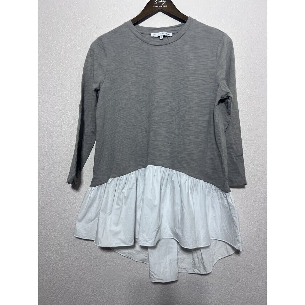 English Factory Preppy Poplin Blouse Sz M Cotton Grey White Classic Asymmetrical